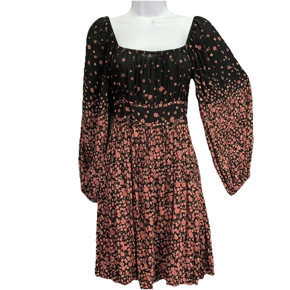 Angie Dress Size S Dark‎ Floral Peasant Milk Maid Puff Sleeve Dark Cottage